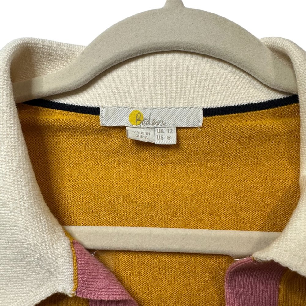 Boden Mustard V-Neck Sweater with Pink and Black Accents - Picture 2 of 6
